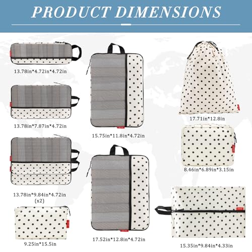 U+U 10 Set Compression Packing Cubes - Travel Organizers with Laundry Bag, Space-Saving Suitcase Organizer, Expandable Packing Organizers for Travel Essentials (Polka Dot)