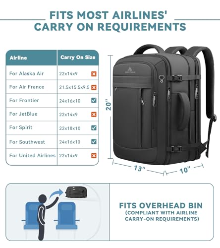 AREYTECO Travel Backpack, 50L Expandable Extra Large Laptop Backpack, Carry On Backpack Water Resistant Business Suitcase Daypack Bag Fits 17 Inch Laptops, Travel Gifts for Men Women, Black