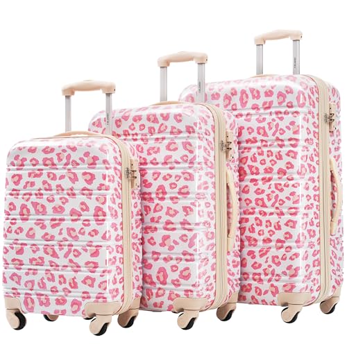 Merax Suitcase Set, Hardshell Luggage Sets 3 Piece with Spinner Wheels, Expandable Durable Suitcase with TSA Lock Lightweight 20" 24" 28", Pink Leopard