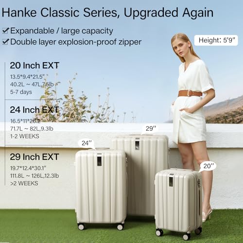 Hanke Expandable Hard Shell Luggage Sets 2 piece Carry On Luggage with Wheels Suitcases Lightweight Checked Travel Luggage Rolling Large Suitcase Travel Luggage Bag Woman Men 20/29 Inch(Ivory White)
