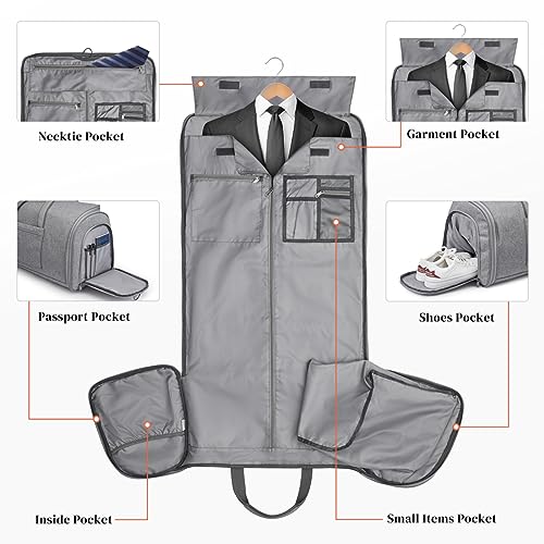 S-ZONE 50L Convertible Travel Garment Bag Carry on Garment Duffel Bag for Men Women 2 in 1 Hanging Suitcase Suit Business Travel Bag, Grey, Travel Garment Bag