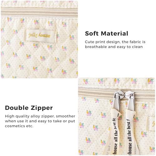 HBselect Quilted Makeup Bag, 3PCS Cotton Large Travel Makeup Bag, Cute Floral Coquette Make up Bag Cosmetic Bag Toiletry Bag for Women Girls