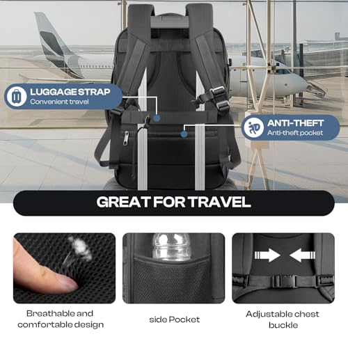 Sirmaeed Carry on Backpack for 1-10 Days Trips, Extra Large 40L-50L Travel Backpack TSA Approved, Expandable Laptop Bagpack, Water Resistant Bag Compatible with 17.3 inch Laptops, Black