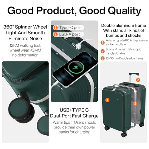 mixi Large Checked Luggage with Cup Phone Holder and Charger Hard Shell Suitcases with Spinner Wheels, 26 Inch Blackish Green