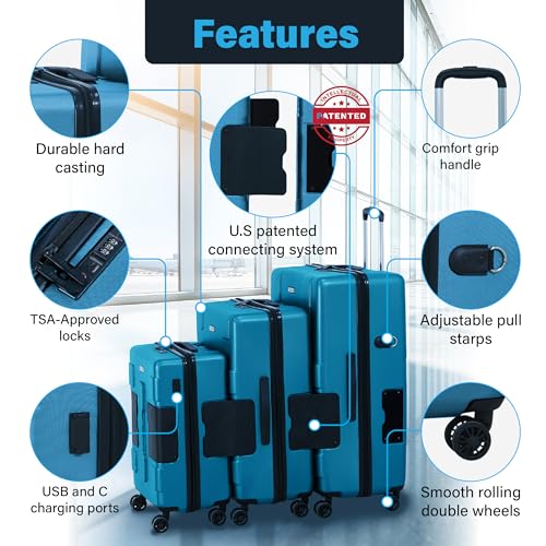 TACH Patented Connecting Hard Shell 3 Piece Luggage Set - 20, 24 & 28 inch Luggage | Carry-On, Medium & Large Rolling Suitcases - Sky Blue