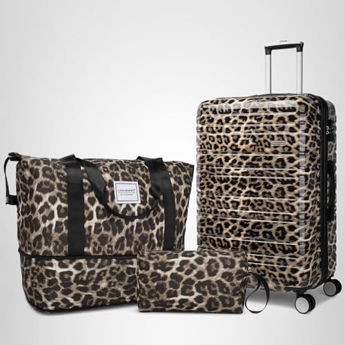LARVENDER Luggage Sets 3 Piece, Hardside 20 IN Carry on Luggage Airline Approved PC+ABS Suitcase Set with Spinner Wheels TSA Lock, Lightweight Rolling Suitcase for Men and Women, Cheetah Print