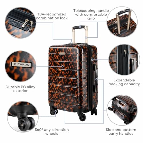 Ricardo Beverly Hills Cambria Hardside Luggage | Stylish Suitcase with Wheels for Effortless Travel, Expandable and Secure TSA-Locked Packing, 24-inch Medium Checked (Tortoise, Checked Medium 24-Inch)