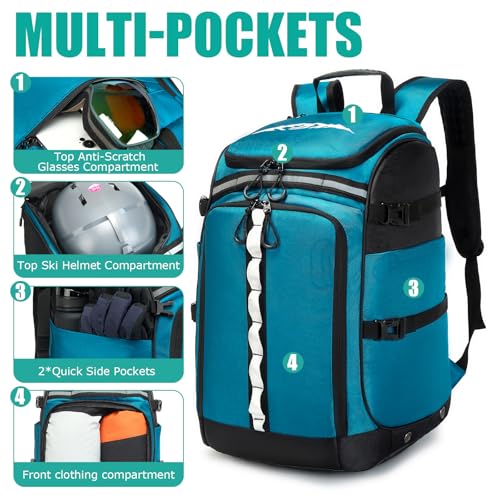 BISKLNDN Ski Boot Bag, 65L Ski Boot Travel Backpack for Ski Helmet, Goggles, Gloves, Skis, Snowboard & Accessories, Waterproof Ski Bag
