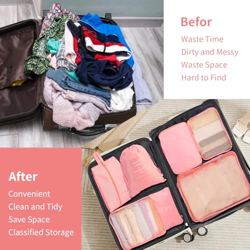 7PCS Packing Cubes for Suitcases, Travel Luggage Organizer Bags, Suitcase Organizer Bags Set for Carry on Luggage Travel Essentials, Pink