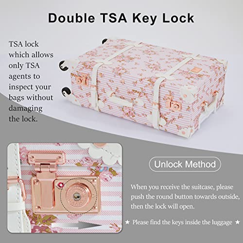 7998 3 Piece Vintage Suitcase Set Women Cute Carry on Luggage with Hat Box Cosmetic Case (pink floral, 26"+20"+12")