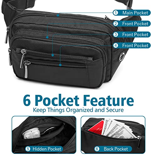 Packism Fanny Packs for Women Men - 6 Pockets Large Crossbody Waist Bag with Adjustable Strap Belt Bag for Travel Running Hiking, Black