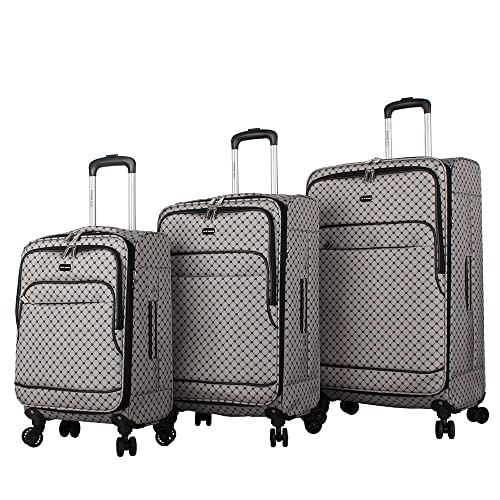 Steve Madden Designer Luggage Collection - 3 Piece Softside Expandable Lightweight Spinner Suitcase Set - Travel Set includes 20 Inch Carry on, 24 Inch & 28-Inch Checked Suitcases (Noble Black/Grey)