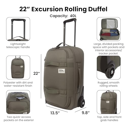Eddie Bauer Excursion Traveling 22 Rolling Duffel Bag with Lightweight Telescopic Handles and Rugged Wheels - 40L, Spruce