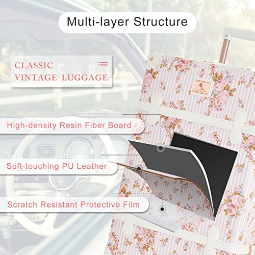 7998 3 Piece Vintage Suitcase Set Women Cute Carry on Luggage with Hat Box Cosmetic Case (pink floral, 26"+20"+12")