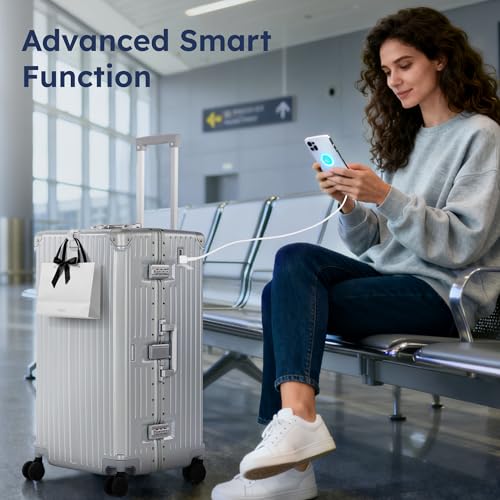 ALPHA CAMP Trunk Luggage, Large 28 Inch Thickened Aluminum Frame Luggage with TSA Spinner Wheels, 3-Layer PC Hardside Zipperless Travel Suitcase, Type-C USB Charging Port, Cup Holder,Silver