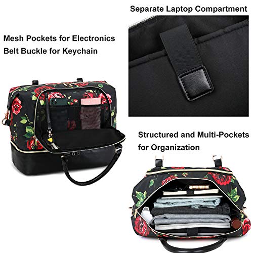 CAMTOP Women Ladies Travel Weekender Bag Overnight Duffel Carry-on Tote Bag fit 15.6 Inch Laptop Computer (6012/Flower with Shoe Compartment)