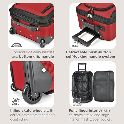 U.S. Traveler Rio Lightweight Softside Rolling Carry-on Suitcase, 2-Wheel Set, Red