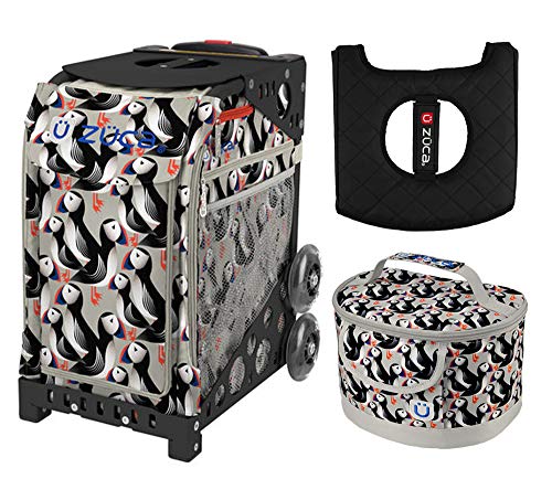 ZUCA Sport Bag - Playful Puffins with Gift Lunchbox and Seat Cushion (Black Non- Flashing Wheels Frame)