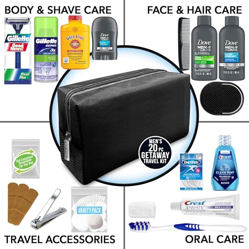 Convenience Kits International Men’s Premium 20-Piece Kit with Travel Size TSA Compliant Essentials, Featuring: Dove Men & Care Products in Black Dopp Bag