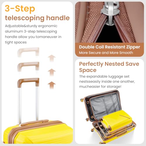 Merax Luggage Set of 4, Expandable Lightweight Suitcase with 4 Double 360 Degrees Mute Spinner Wheels and TSA Lock, PP Materials, 14”20”24”28”, Yellow