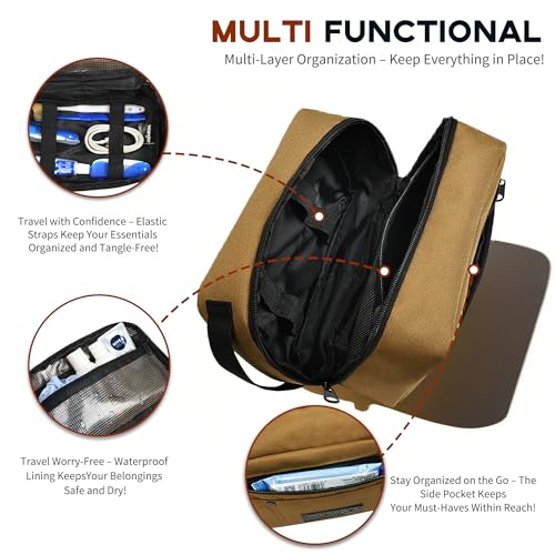 Wrangler Toiletry Bag for Men, Travel Shaving Dopp Kit, Oxford Fabric Tech Kit Bathroom Organizer, Gifts for Men, Brown