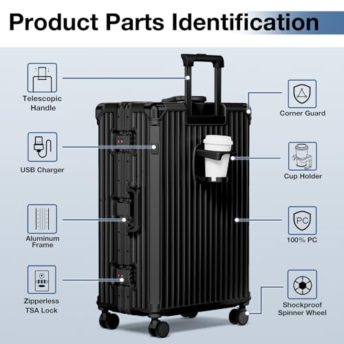 Krute Aluminum Frame Luggage 28 Inch Checked Suitcase With Wheels No Zipper PC Hard Shell Suitcases with Cup Holder and Charger Zipperless Large Travel Luggage