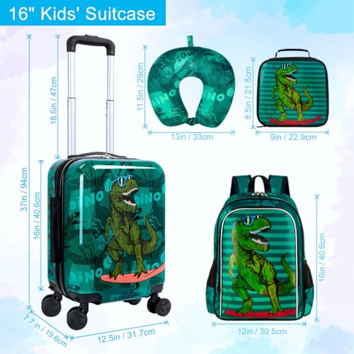 5-Piece Kids Luggage Set for Boys – Cool Hardshell Suitcase with 360° Spinner Wheels, Lightweight Airline-Approved Carry-On (16") for Travel, Dinosaur Green
