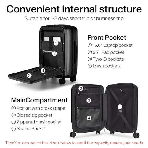 Hanke 20 Inch Carry On Luggage Airline Approved Hard Shell Suitcases with Wheels & Front Pocket Travel Luggage Lightweight Carry On Suitcase for Travel Rolling Luggage(Black)