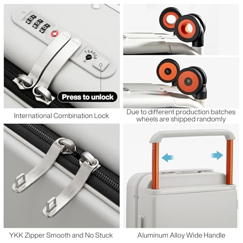 mixi Carry On Luggage Wide Handle Luxury Design Rolling Travel Suitcase PC Hardside with Aluminum Frame Hollow Spinner Wheels, with Cover, 20 inch, Smoke White