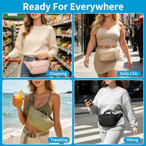 Quilted Fanny Pack for Women, Lightweight Puffy Crossbody Sling Belt Bag with Adjustable Strap, Multi-Pocket Dual Zipper Waist Purse for Travel Running Casual Daily Use (Black)