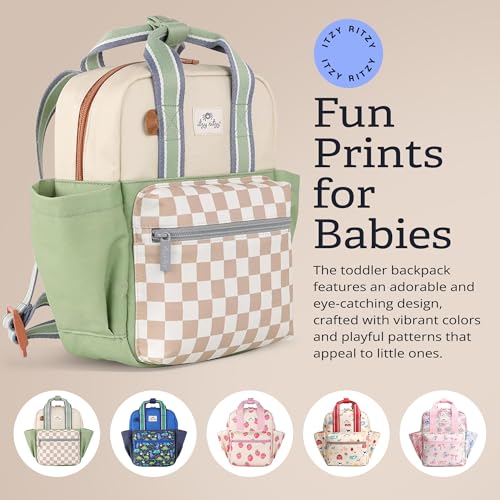 Itzy Ritzy Toddler Backpack - Daycare Bag - Features Adjustable Shoulder Straps, 2 Side Pockets & Spacious Interior with Wipeable Fabric Lining & Name Label, Checkerboard Backpack