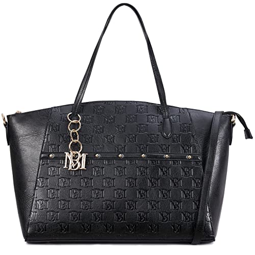 Badgley Mischka Caroline Weekender Travel Bag for Women, Vegan Leather Duffel Tote with Trolley Sleeve, Monogram Design, Carry On Overnight Bag (Black)