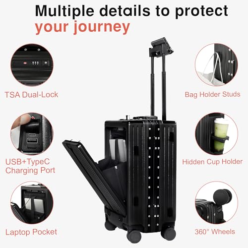 VentureVault Carry On Luggage 20 Inch, Aluminum Frame Zipperless Luggage, ABS+PC Hard Shell Suitcases, Carry On with Compartment for Short Trips, Suitcase Carry-on TSA Approved (Black)