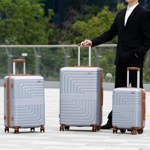 Romswi 3-Piece Expandable Luggage Set 20/24/28 Inch, Spinner Hardshell Lightweight Suitcases with TSA Lock, YKK, Checked & Carry On Luggage Set, Silver