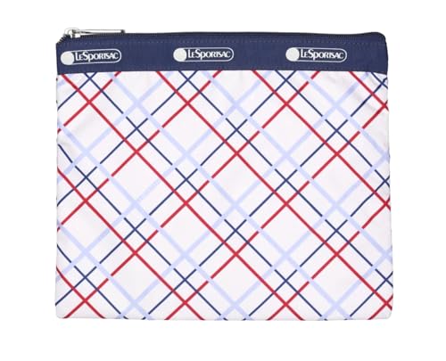 LeSportsac Modern Tattersall Deluxe Everyday Crossbody Bag + Cosmetic Bag, Style 7507/Color E839, Classic Navy & Bold Red Unite on Crisp White Bag, Modern Lilac Accent, Fun Interpretative Tartan Plaid