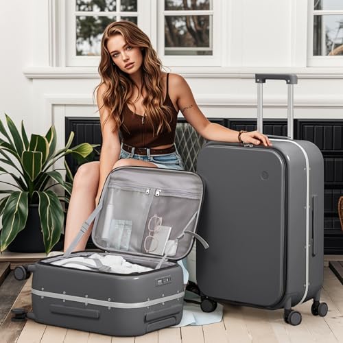 mixi 26 Inch Large Checked Luggage PC Hard Shell Suitcase Top Opening Aluminum Frame Travel Suitcases with Wheels, Rock Gray
