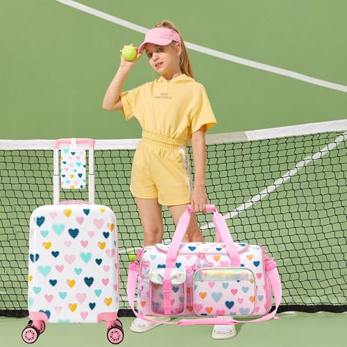 Esteemly Kid's Luggage Set 3 Piece Suitcase Set 16" Hardside Luggage with Spinner Wheels Girls Carry on Toddler Travel Rolling Suitcase with Duffle Bag Neck Pillow Airline Approved
