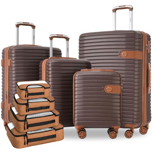 Merax Hardshell Luggage Sets 4 piece Lightweight Suitcases With Wheels TSA Lock Expandable (only 24”/28”) ABS Large Luggage set (Brown)