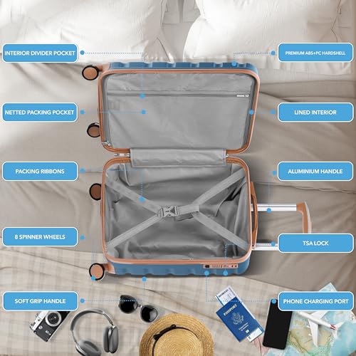 Flight Knight 21.5x15.5x9 Expandable Carry On Suitcase Hardside TSA Lock & USB C Port Lightweight Luggage Silent Double Spinner Wheels Maximum Canada Air Overhead Bag Airlines Approved Blue/Tan