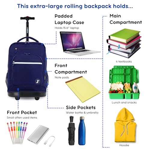 J World Sundance Laptop Rolling Backpack for Girls Boys. Roller Bookbag with Wheels, 20 Inch, Navy