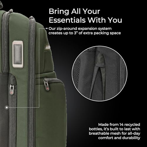 Briggs & Riley Slim Expandable Backpack - Carry On Travel Backpack for Women & Men, Personal Item Bag, Self-Repairing Zippers, Padded Straps, Fits up to 16" Laptop - HTA Collection, Forest