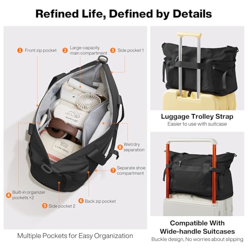 mixi Large Expandable Travel Tote Bag for Women - Waterproof Lightweight Carry On Weekender Bag with Shoes Compartment, Perfect Personal Item for Travel, Black