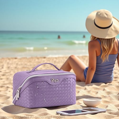 BOYATU Travel Makeup Bag Cosmetic Bags for Women: Large Capacity 3 Pcs Set Make up Bag with Compartments - Waterproof Vegan Leather Toiletry Organizer Bags with Handle (L01 Purple)