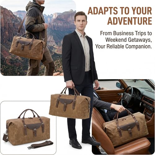 NEWHEY 55L Travel Duffel Bag, Waterproof Waxed Canvas & Leather Weekender Bag for Men, Large Carry-on Overnight Bag for 4-5 Day Business Trips & Weekend Getaways, Brown