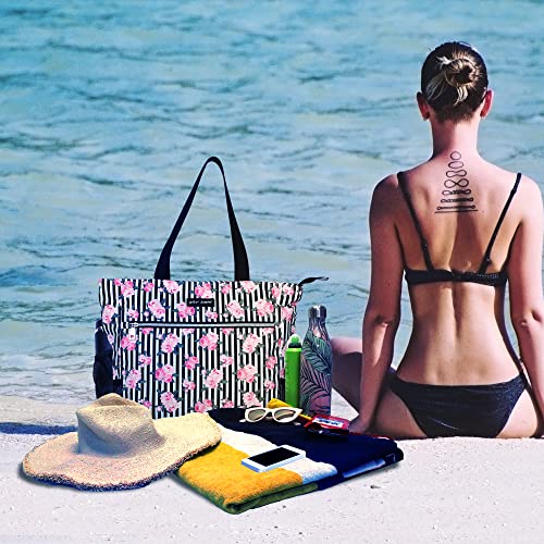 Betsey Johnson 15.6 Inch Zipper Beach Tote Bag Lightweight Large Durable Polyester with Mesh Side Pockets for Gym Work, Stripe Roses