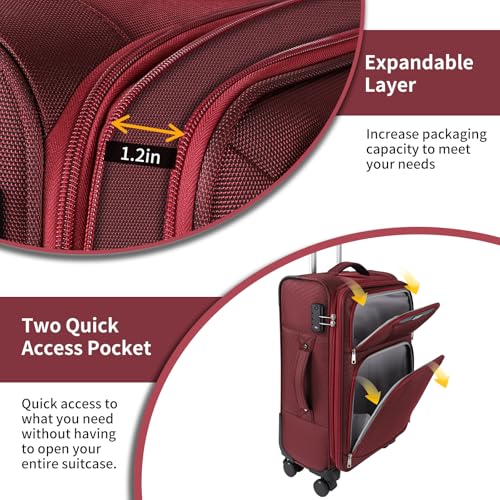 WireHot 3-Piece Softside Expandable Luggage Set with Front Open Pocket, Lightweight and Durable Oxford Fabric Suitcase Set with TSA Lock (Burgundy Wine Red, 20in/24in/28in)