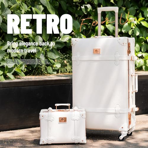 urecity 20" Rose White Vintage Luggage Set 2 Piece, Aluminum Frame Retro Carry On Suitcase with Cosmetic Case, Vegan Leather Spinner Trunk for Women (Clear Cover Included)