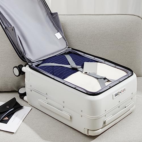 MILADA Wide Handle Carry On Luggage with Front Pocket Hardshell 20 Inch Front Opening Luggage with Spinner Wheels TSA Lock Aluminium Suitcase Airline Approved Carry-On Travel Luggage, White