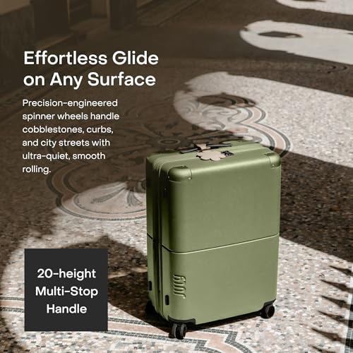 July Checked Expandable - 24.5" Airline Approved Check In Luggage with Wheels, Spinner Suitcase for Men & Women - TSA Lock Rolling Suitcase, Spinner Wheels, Expansion Zip, Y-Strap - Moss