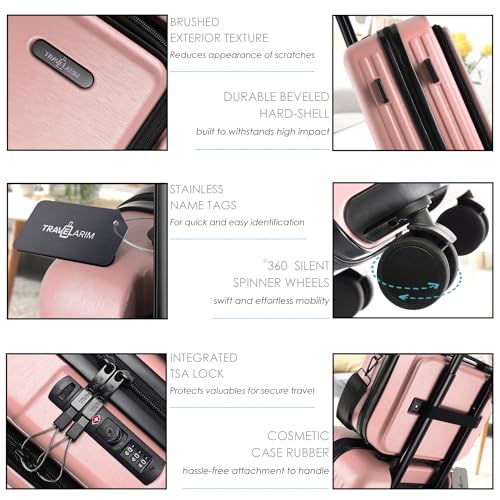 TRAVELARIM 20 Inch Carry On Luggage 22x14x9 Airline Approved, Carry On Suitcase with Wheels, Hard-shell Carry-on Luggage, Durable Luggage Carry-On, Pink Small Suitcase with Cosmetic Case